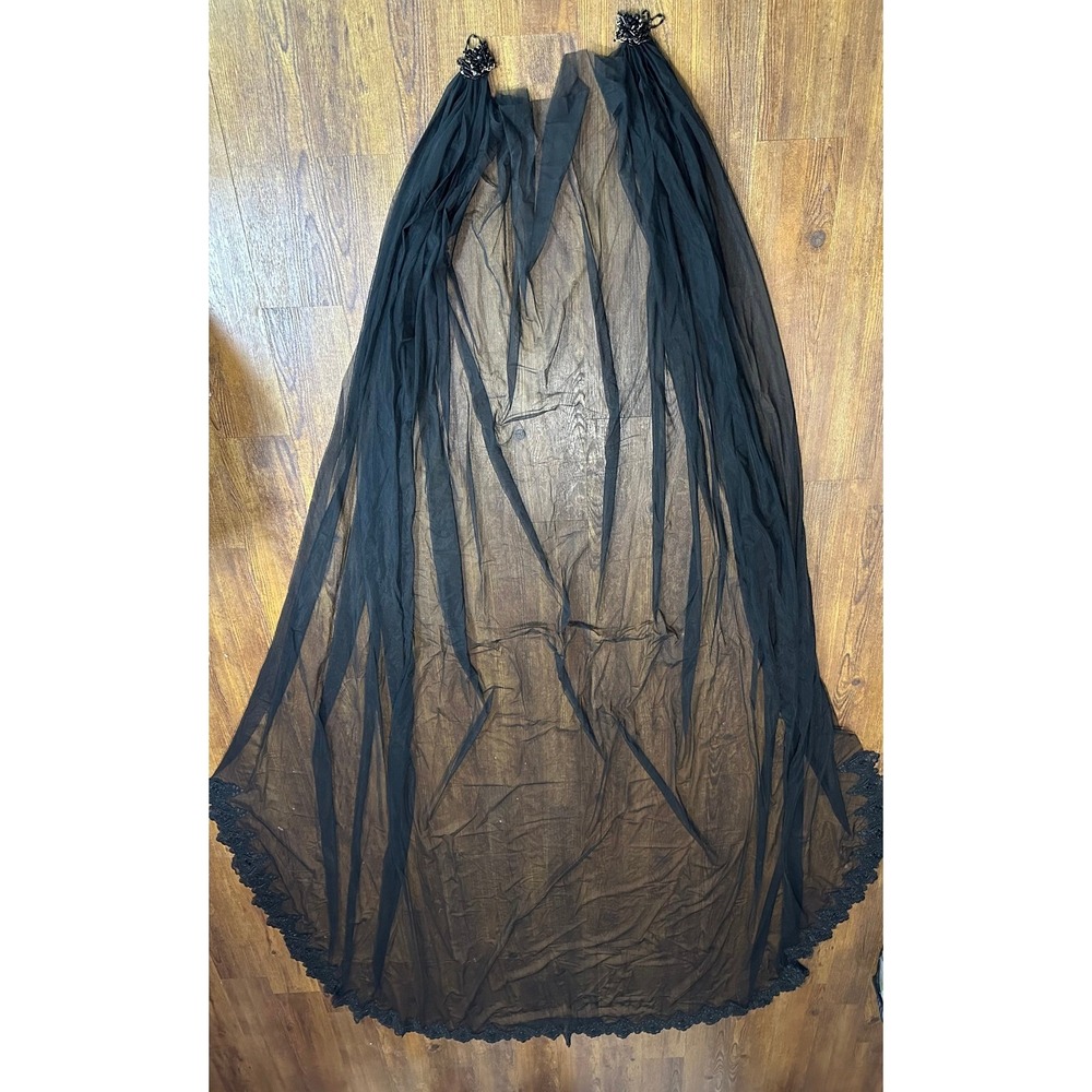 Black Cathedral Length Wedding Veil Cape Shoulder Cap Lace Beaded Gothic - Picture 4 of 8